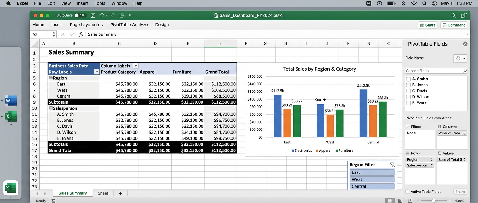 Tabla dinámica de Excel resumiendo datos de ventas